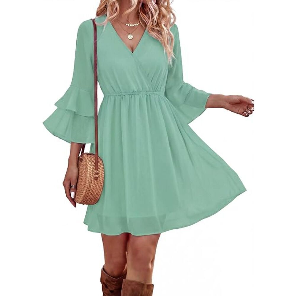 Women's Sage Green V Neck  Ruffle Sleeve A Line Chiffon Layers Dresses